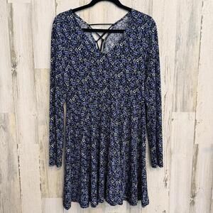 Floral Long Sleeve Babydoll Dress Boho Cottagecore Blue White Women's XL Stretch